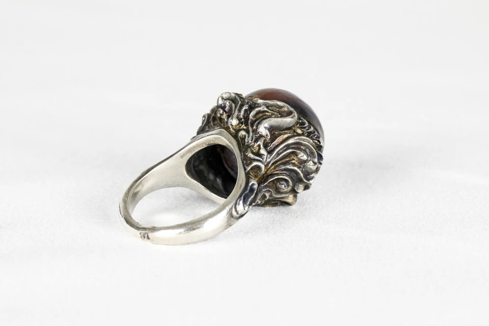925 Silver Ring with Black Baroque Pearl, Art Nouveau Style, Handcrafted - Image 3 of 4