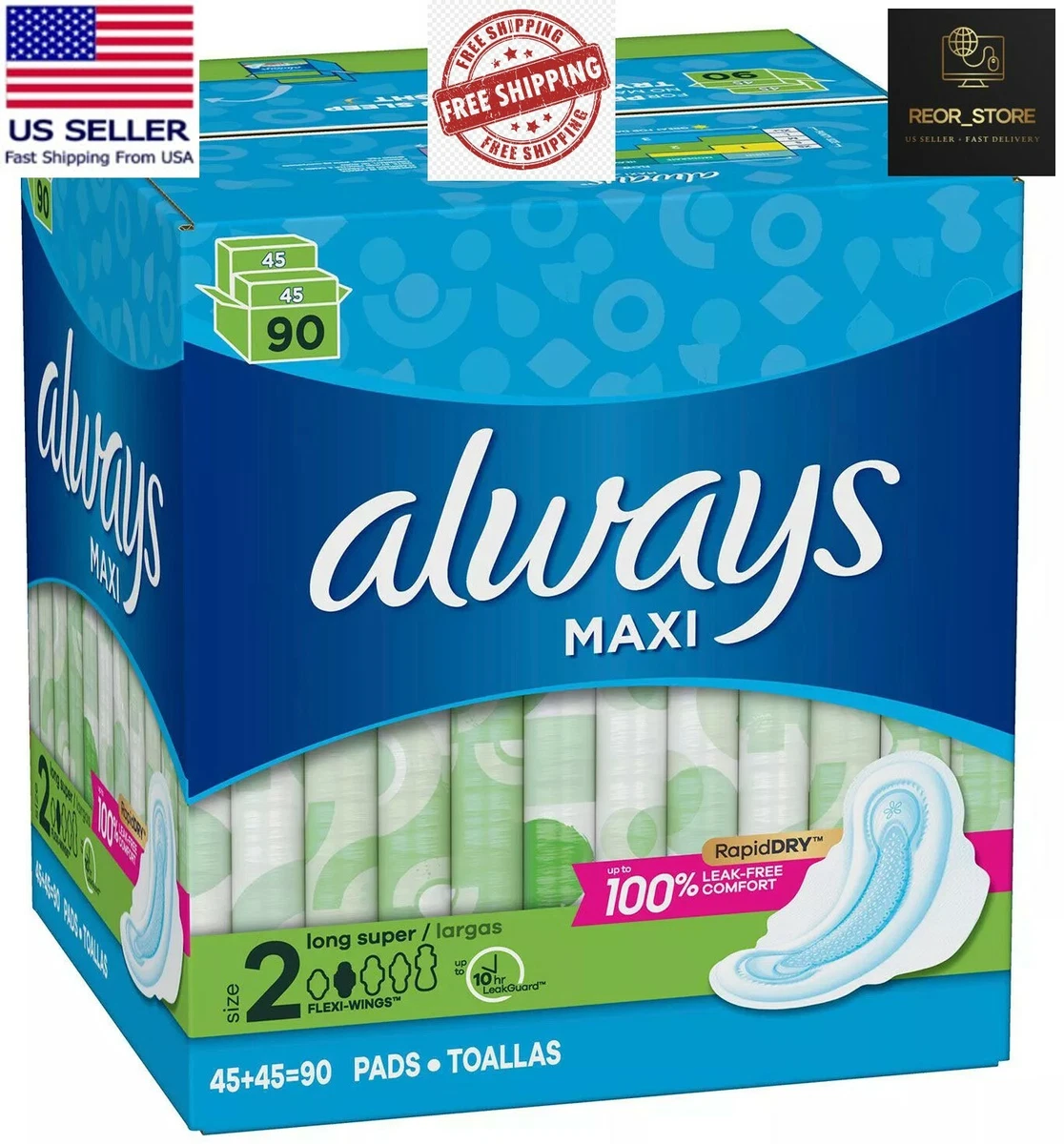 Always Maxi Long Super Pads with Wings 90 ct. Free And Fast