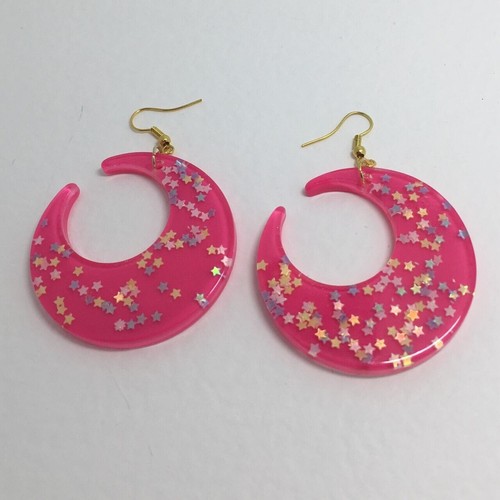 Large crescent moon earrings, Star Glitte , Acrylic Earrings - Picture 2 of 60