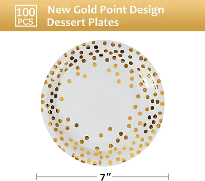 White and Gold Paper Plates,7Inch Gold Dot Dessert Plates,Disposable Party  Suppl