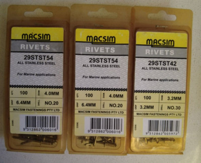 STAINLESS STEEL plain blind rivets 100 3.2mm/3.2mm + 200 6.4mm/4.0mm ...
