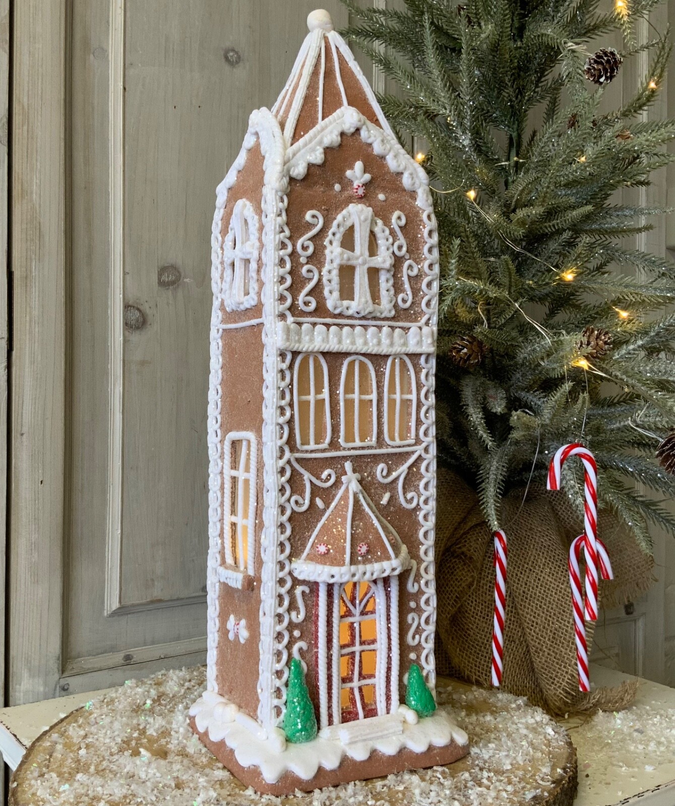 Resin Light Up Iced Gingerbread Tall House Christmas Decoration Gisela Graham