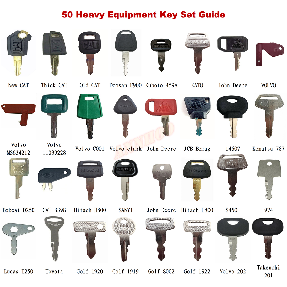 50 Heavy Equipment Key Set FOR Cat Komatsu JCB Kubota Bobcat Volvo