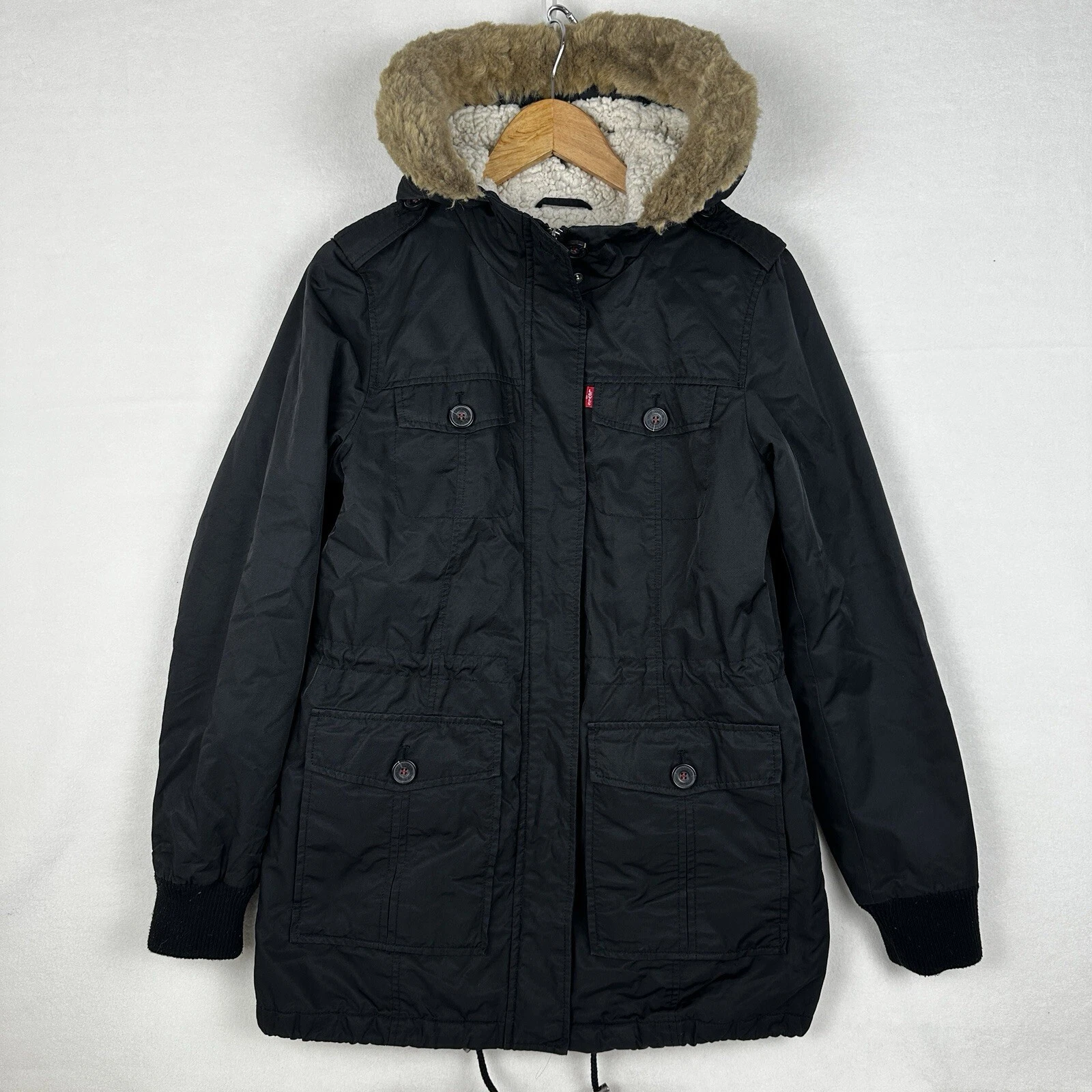 VETEMENTS Giacca donna Levi Strauss utility taglia small nera sherpa foderata in pile cappuccio pelliccia