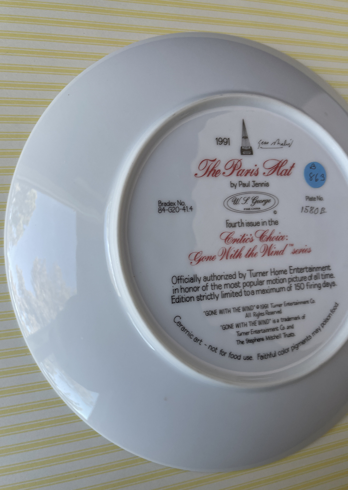 1991 SIGNED Paul Jennis “The Paris Hat” Gone w/ Wind W.J. George Plate (NO COA)