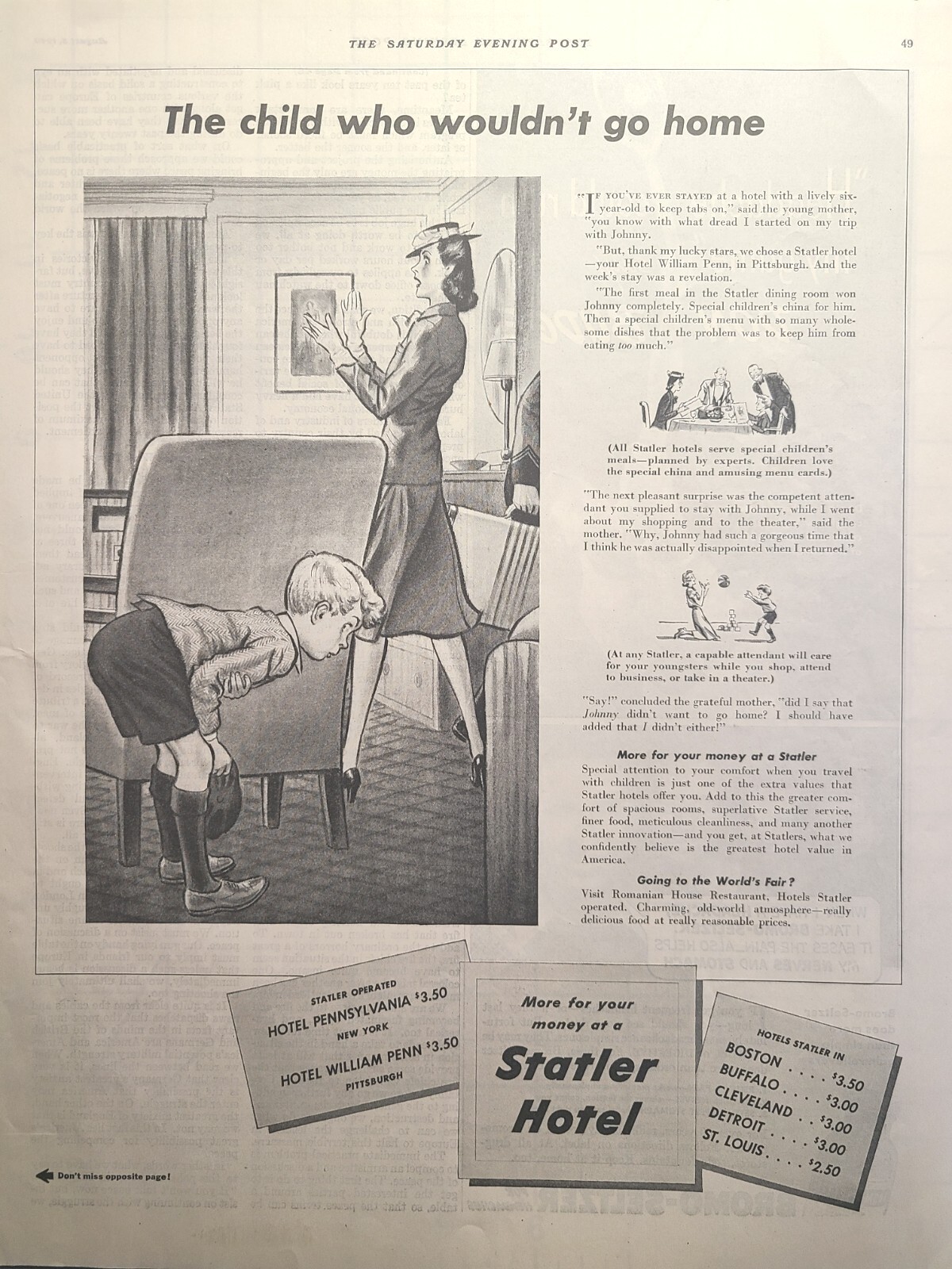 Statler Hotels Boston Buffalo Cleveland Detroit Hiding Boy Vintage Print Ad 1940