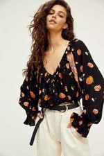 Free People Poppy Printed Bodysuit Intimately Black Floral Lace Ruffle Top New L