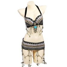 Beaded Outfit Tribal BellyDance 2 Pieces Set Bra with LargePendant Coins BraBelt