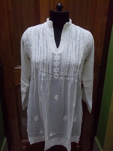 100% PURE GEORGETTE ETHNIC XS 37" HANDMADE CHIKAN EMBROIDERY TOP HANDMADE KURTA - Foto 1 di 6