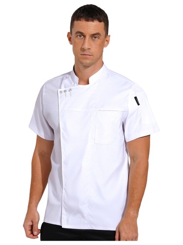 Unisex Men Women Tops Press Button Coat Shop Jacket Stand Collar Work Casual - Picture 34 of 42