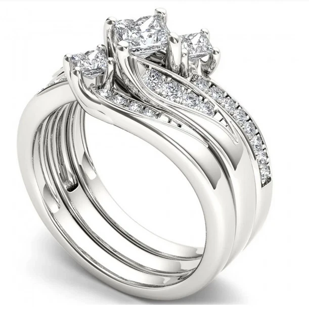 Hermoso conjunto de anillos de boda para mujer 935 Argentium plata blanca circonita cúbica Foto 3 de 4