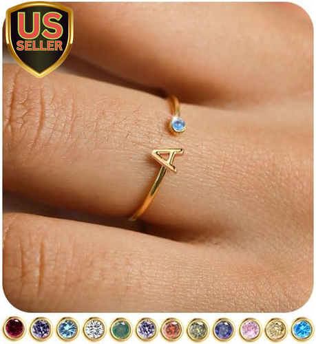 Initial Birthstone Rings for Women Non Tarnish Trendy Stackable Dainty Gold Lett