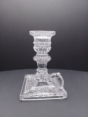 Vintage Viking Glass Loop Handle Candleholder Candlestick Square Base 