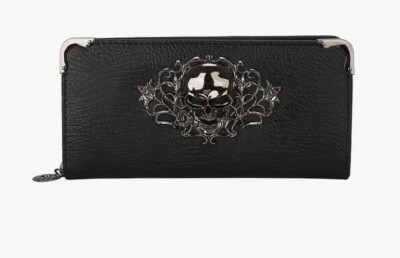 New Stunning Large Black 3D Metal Skull Flowers Purse Gothic