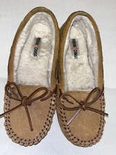 Minnetonka Fur Moccasin Bow Loafer Sz 8 Chestnut Brown Suede Slip On Shoes