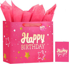 13" Pink Happy Birthday Gift Bag with Tissue Paper and Greeting Card for Party,H