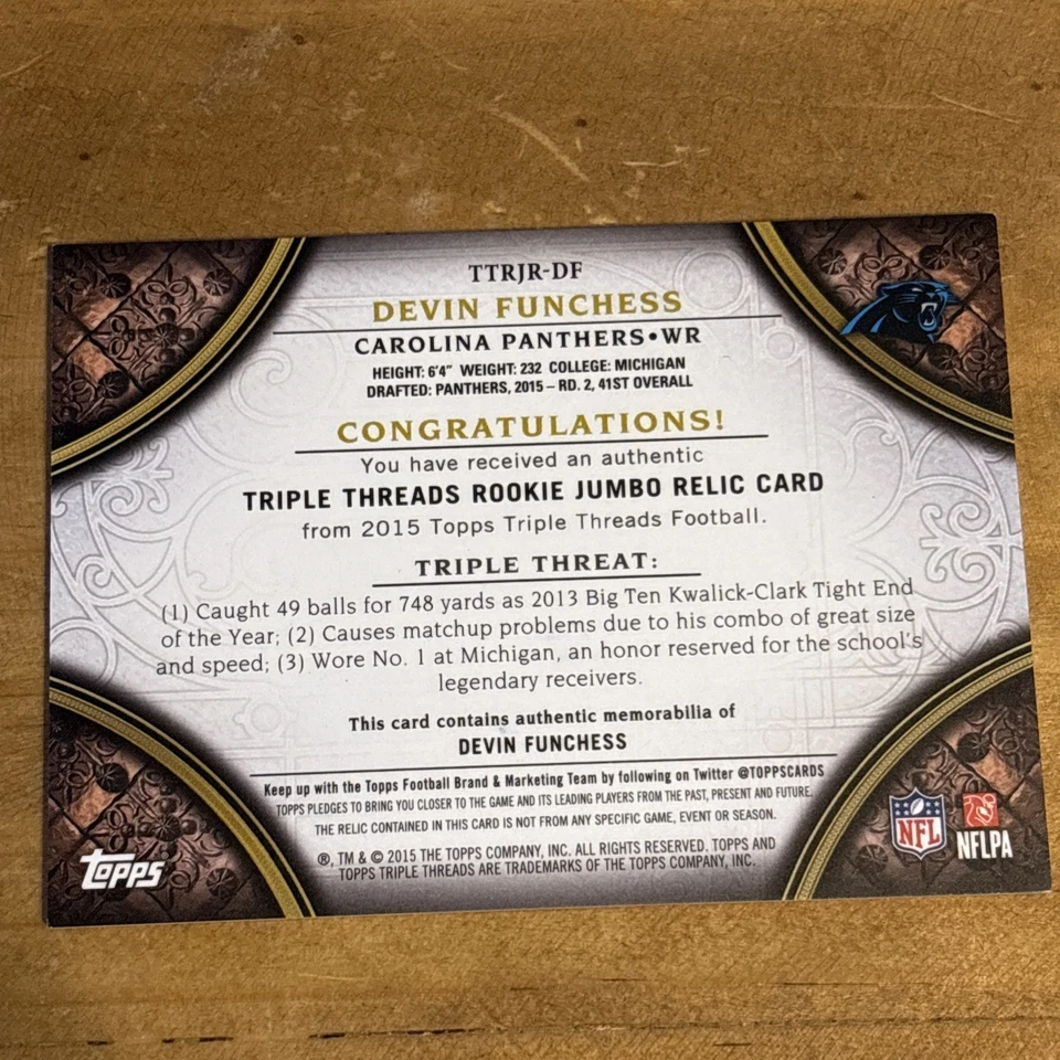 2015 Topps Triple Threads Rookie Jumbo Relics/99 Devin Funchess #TTRJR-DF RC Foto 2 de 2