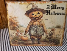 PRIMITIVE FOLK VINTAGE STYLE A MERRY HALLOWEEN PUMPKIN HEAD MAN FARM FIELD SIGN