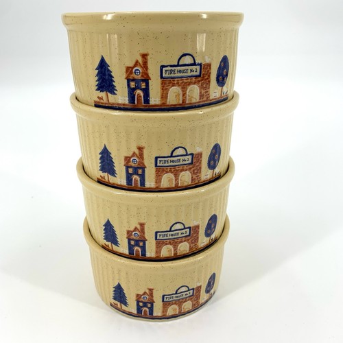 Vintage 80s Set of Four Ramekins Souffle Casserole Bowls Tan Country Village