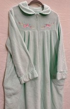 Vintage Pastel Mint Fleece Housecoat Floral Zip Robe Mint Satin Trim Loungewear