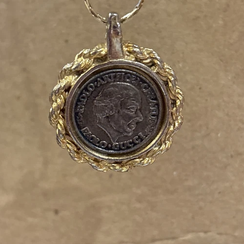 Ciondolo vintage PAOLO GUCCI moneta medaglione tono oro con catena Napier vintage us intime ottimeioni