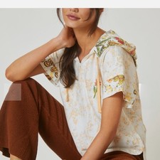 Anthropologie Daily Practice Floral Emrbroidered Short Sleeve Hoodie SZ M