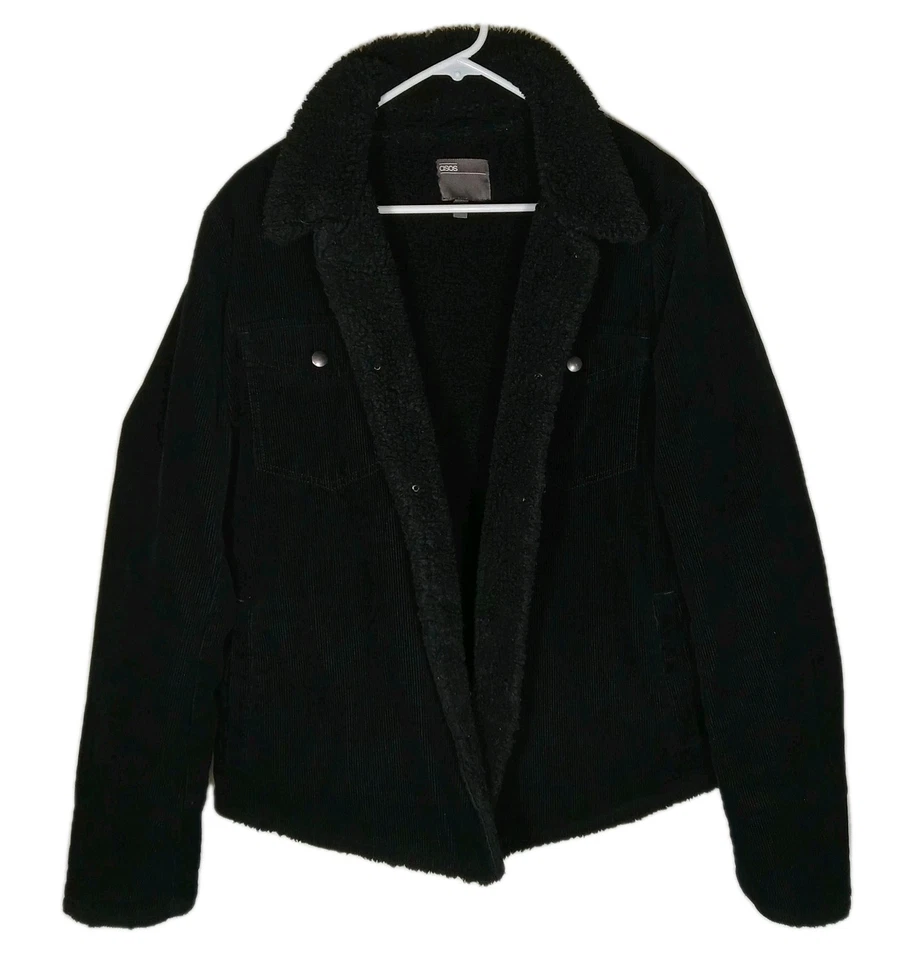 Chaqueta de camionero forrada Sherpa de pana grande para hombre Asos cálida resistente toda negra  Foto 2 de 4