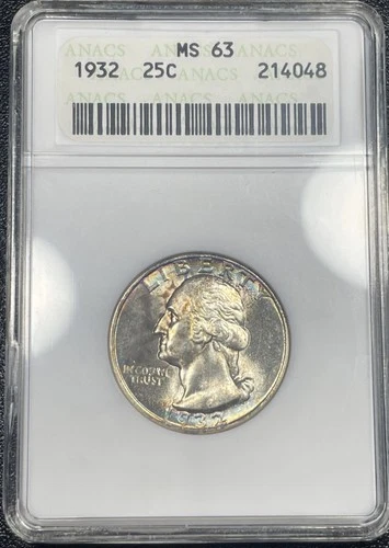 1932 Washington Silver Quarter 25c ANACS MS63 Soapbox Rainbow Peripheral Toning