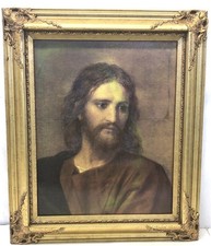 Unsigned Vintage Portrait of Jesus Christ Acrylic Painting Ornate Gilt Frame