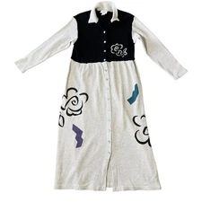 VINTAGE 90s MIYO Waffle Knit Midi Shirt Dress Medium Collared Button Up Art