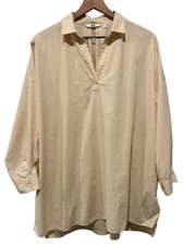 Uniqlo Shirt Womens XL Cream Long Sleeve Top Cotton V-Neck Tunic Lagenlook