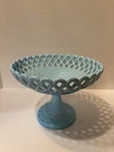 COMPOTE FOOTED BLUE MILK GLASS WITH A LATTICE TOP AND BASKETWEAVE DESIGN 6 3/4"