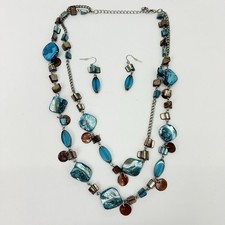Chunky Blue Sea Glass Style Beaded Double Strand Necklace Earrings Set