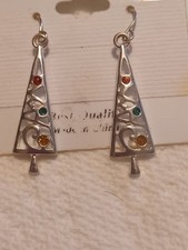 Silver-tone Christmas Tree Earrings with Multicolor Stones