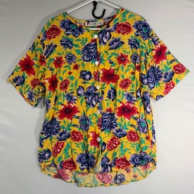 Vintage 90s Chaus Floral Button Down Top Short Sleeve Yellow Red Blue Size Large