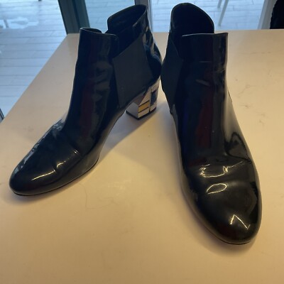 CASADEI Black Patent Leather With Multicolor Block Heel Boots, Size 10