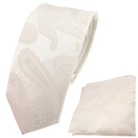 Schmale Tigertie Krawatte + Einstecktuch Creme Beige Cremeweiß Gemustert Paisley