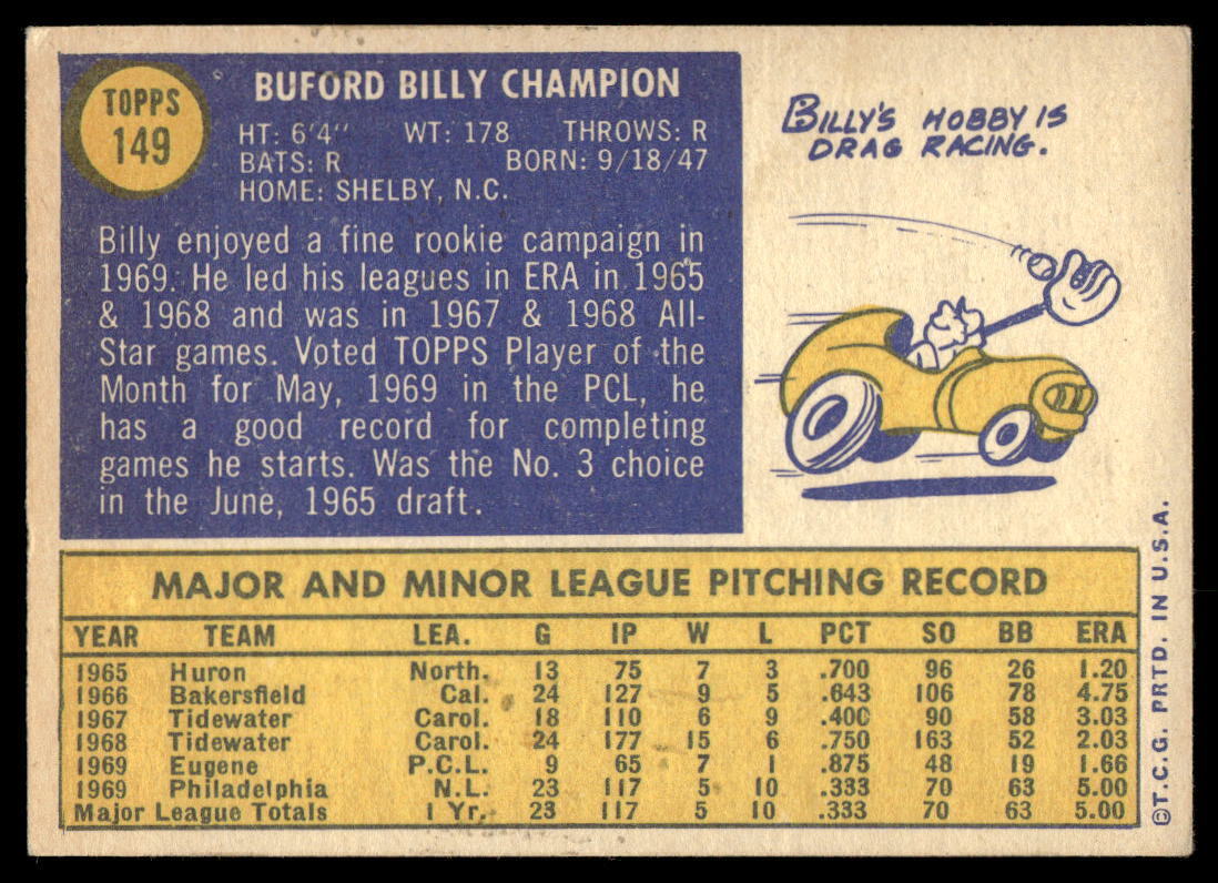 1970 Topps #149 Billy Champion BASEBALL Philadelphia 1970 Topps #149 Billy Champion BASEBALL Philadelphia