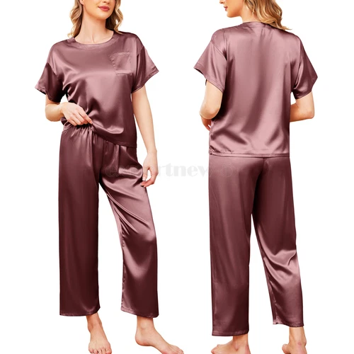 Silk Pajamas for Women Short Sleeve Satin Sleepwear Two Piece Pj Sets Loungewear - Picture 13 of 17
