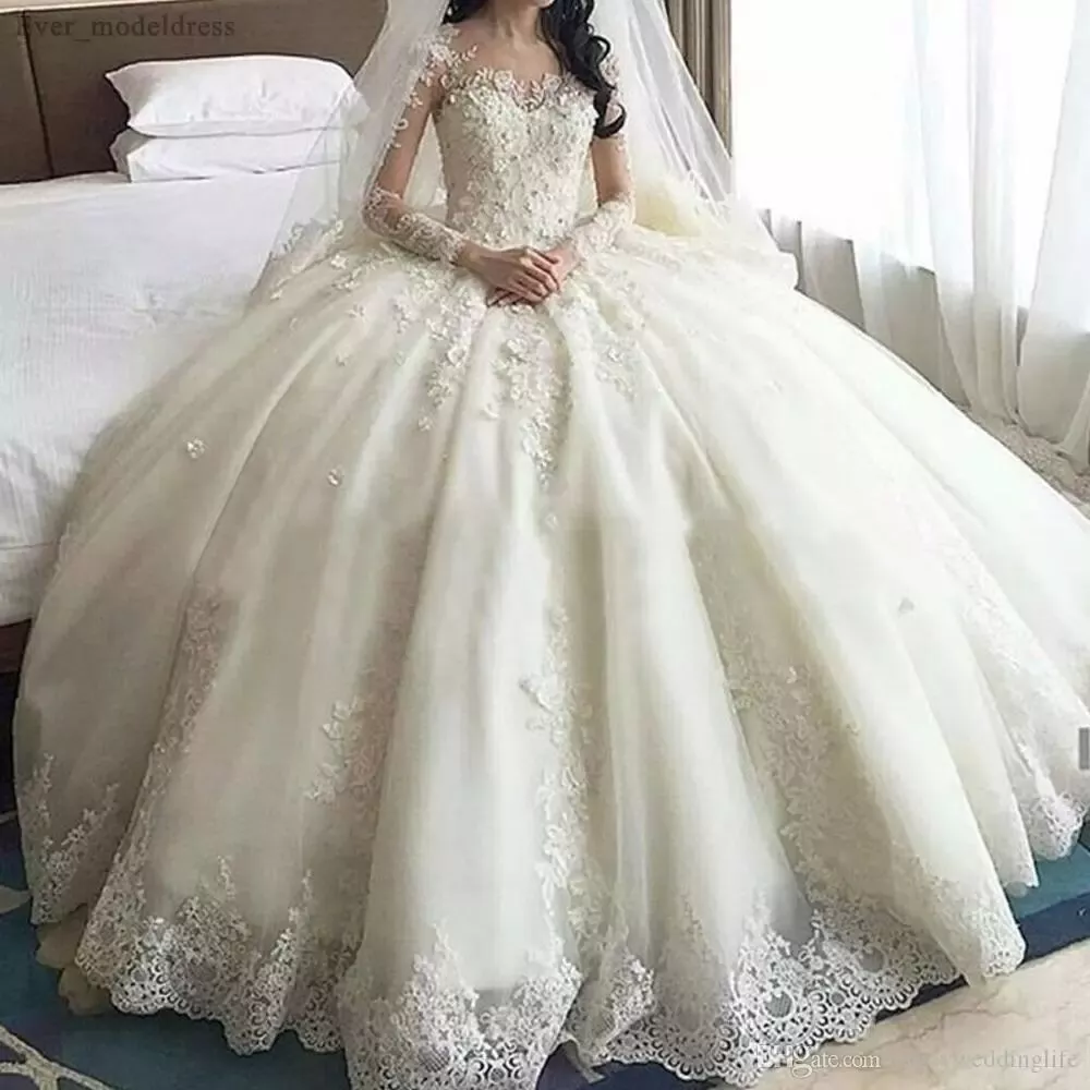 Princess Wedding Dresses Sweetheart Long Sleeves With Train Lace Tulle Ball  Gown