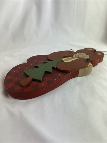 Teddy Bear In Christmas Mitten Wall Hanging Green Tree Hand Painted Wood 12x5” - Picture 5 of 7