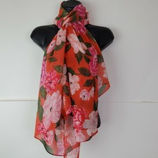 Women's Semi Sheer Floral Fall Scarf Orange Pink Flowers Rectangle