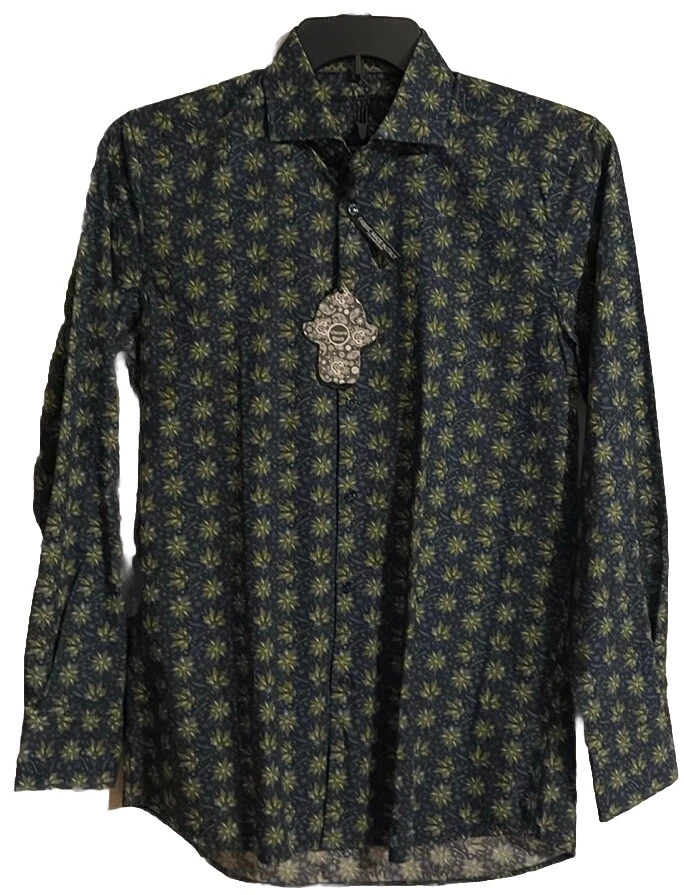 NWT Men’s Visconti Long Sleeve Blue Green Leaf Button Up Shirt Tailored Fit $135