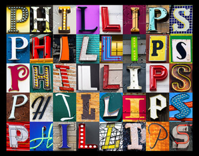 PHILLIPS Name Poster featuring photos of actual sign letters