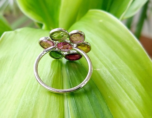 Anillo Flor Multi-Turmalina Plata de Ley 925 Talla 6 EE. UU., Anillo de Regalo - Imagen 6 de 9