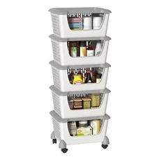 4/5-Tires Plastic Stackable Storage Basket with Wheels Stacking Organizer Bin