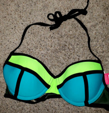 WOMEN NEW BIKINI BRA TOP size large UNDERWIRES BLACK BRIGHT GREEN BLUE NWT