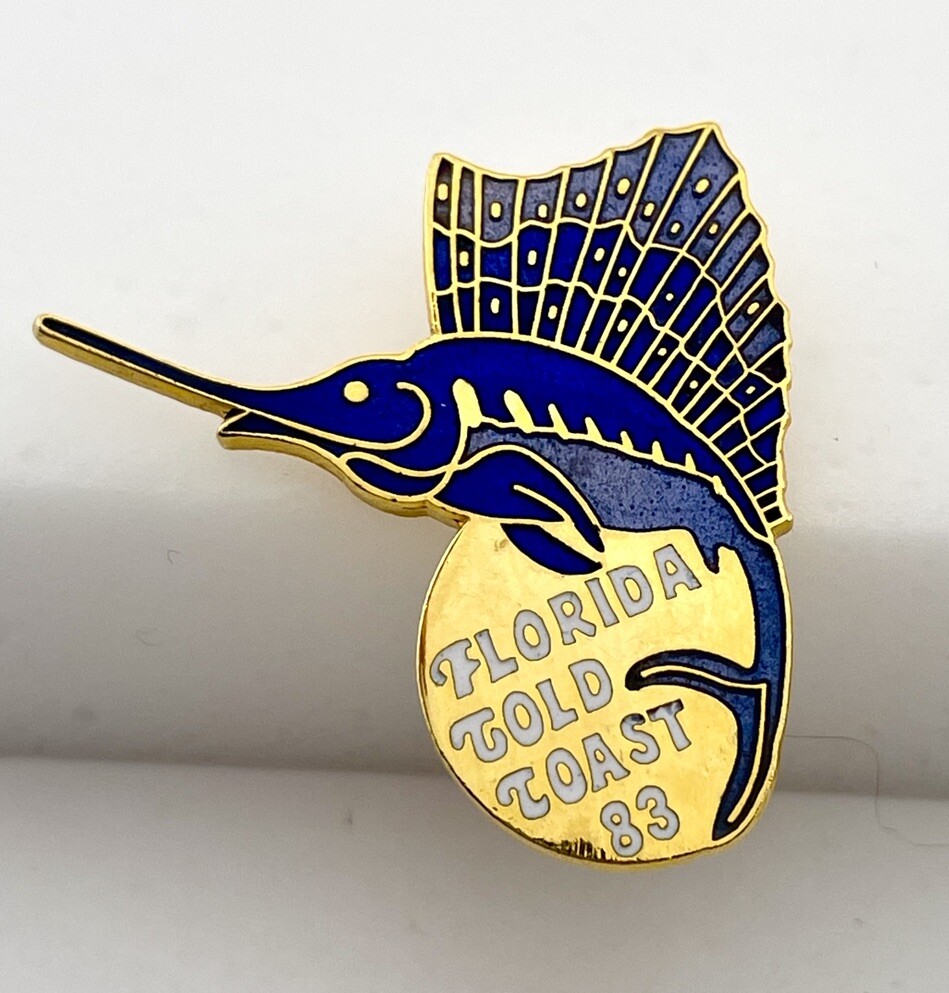 Florida Gold Coast Pin VTG 1983 Metal Pinback Swordfish Blue Gold Hat Cap Ocean