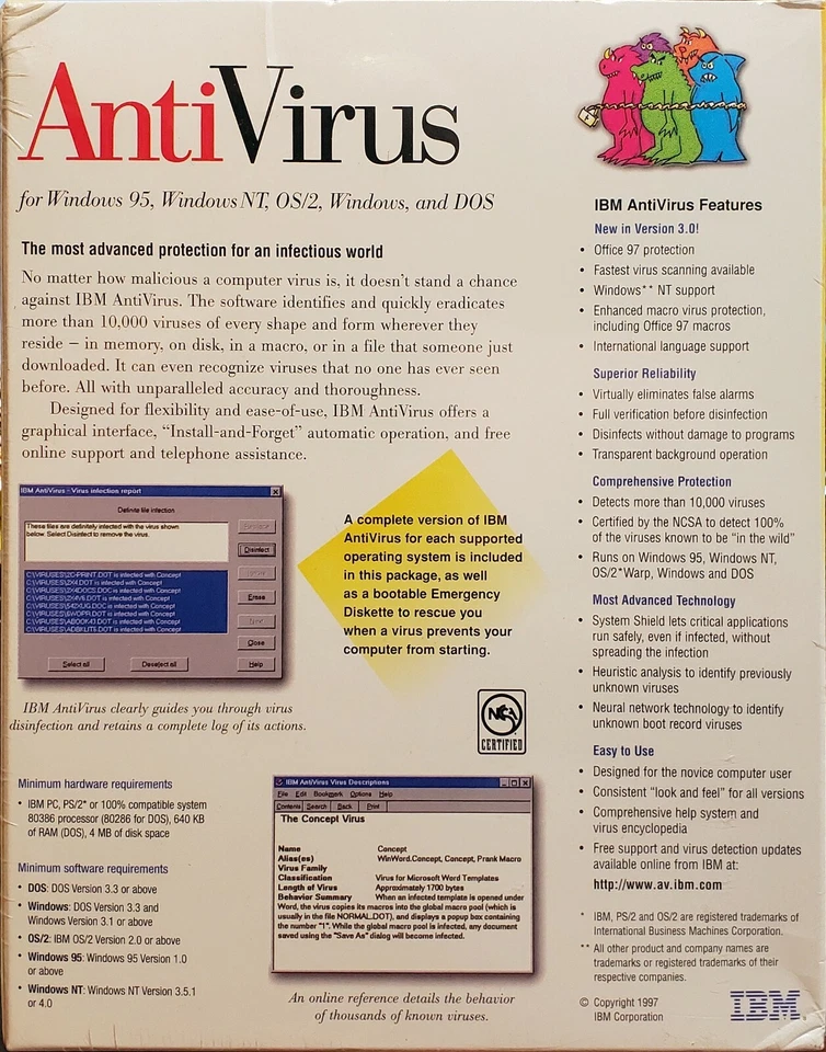 RARE NEW IBM AntiVirus v3.0, DOS, Windows 3.1/95/NT & OS/2 Sealed Retail Big Box - Image 3 of 4