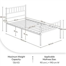 3Ft Single Metal Bed Frame w Headboard & Footboard Solid Slatted Bedstead White